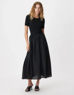 Robe longue noire bi-matière Femme