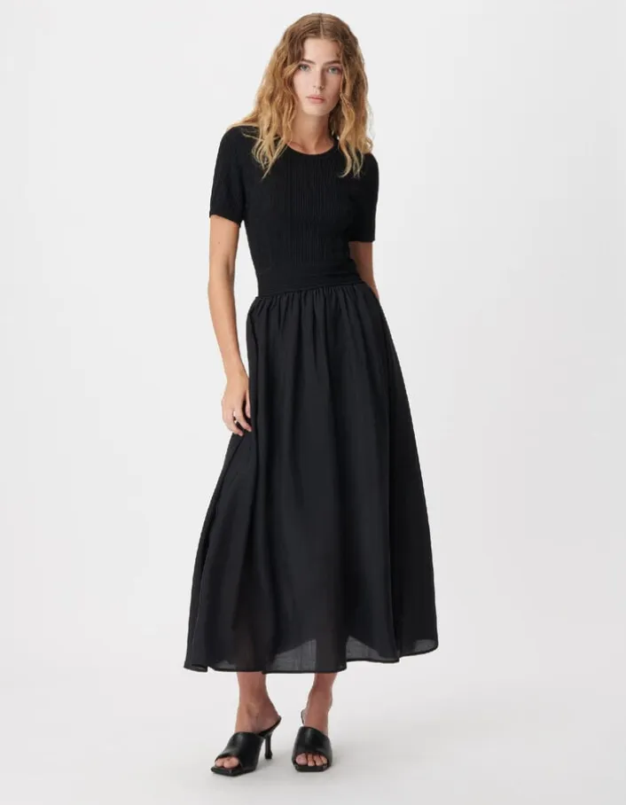 Robe longue noire bi-matière Femme
