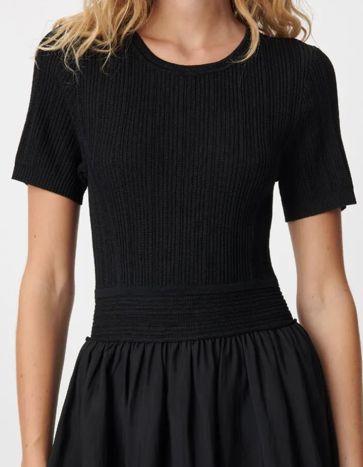 Robe longue noire bi-matière Femme