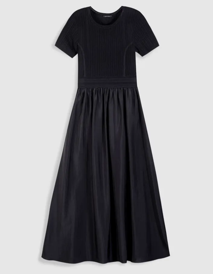 Robe longue noire bi-matière Femme