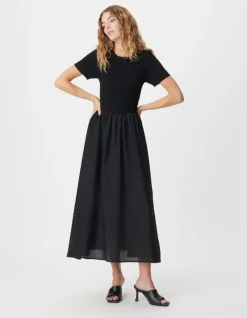 Robe longue noire bi-matière Femme