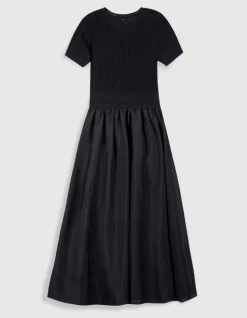 Robe longue noire bi-matière Femme