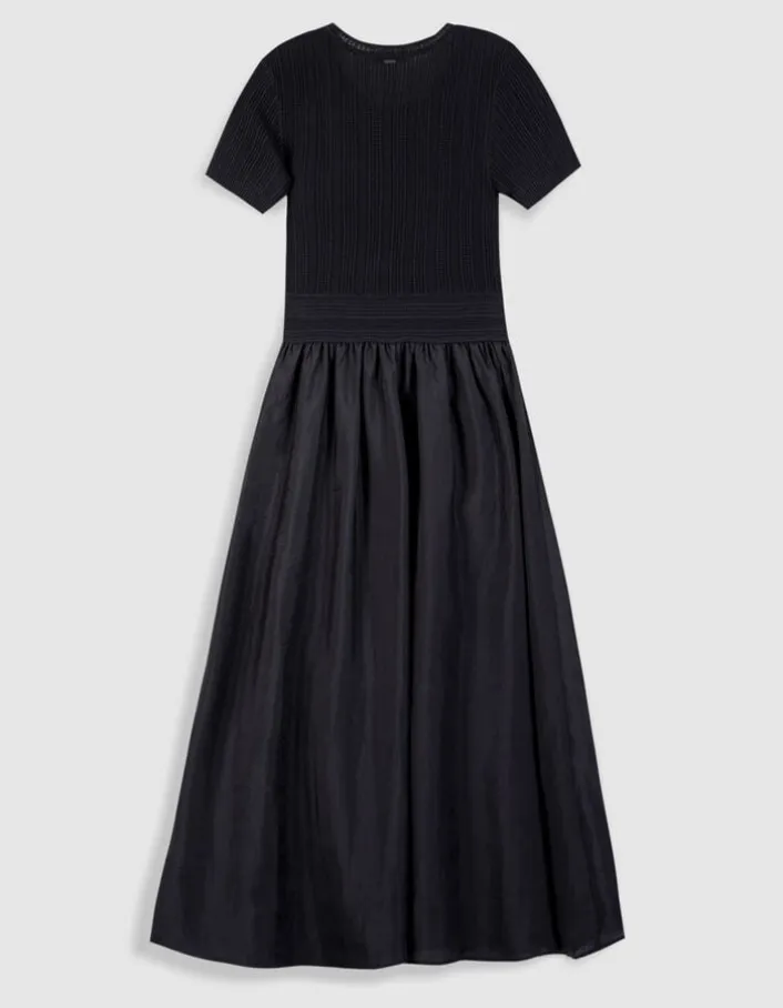 Robe longue noire bi-matière Femme