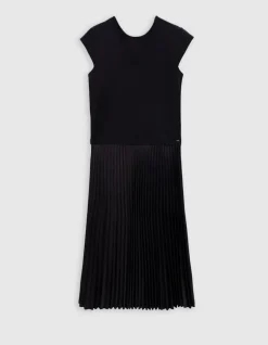 Robe longue noire bi-matière plissée Femme