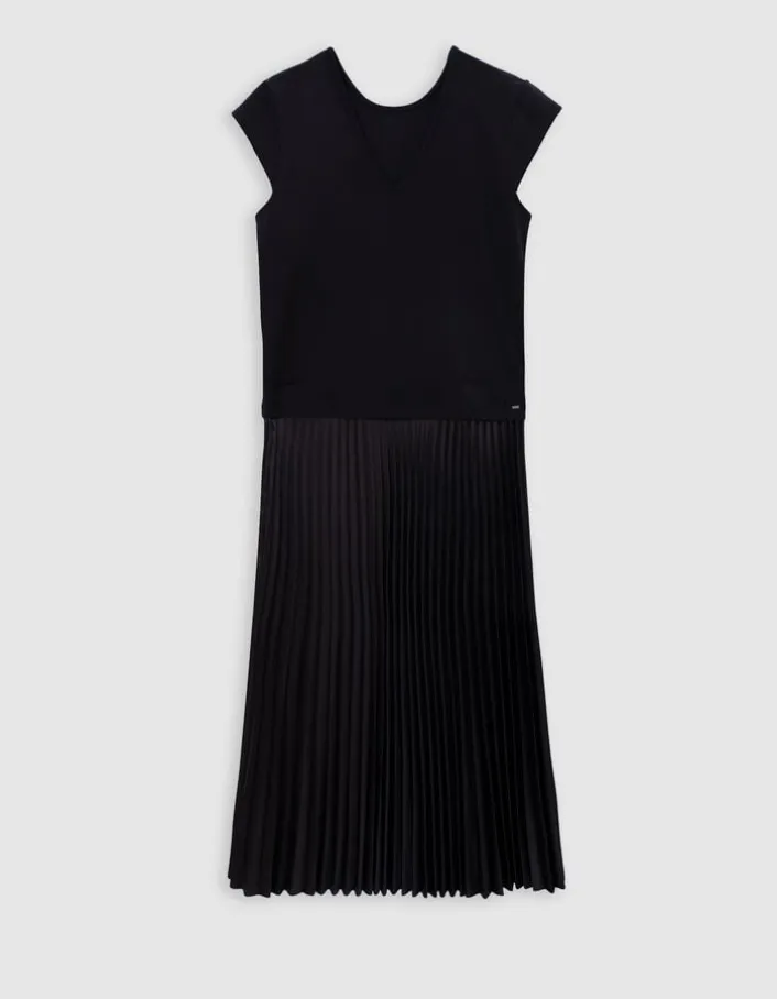 Robe longue noire bi-matière plissée Femme