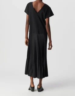 Robe longue noire bi-matière plissée Femme