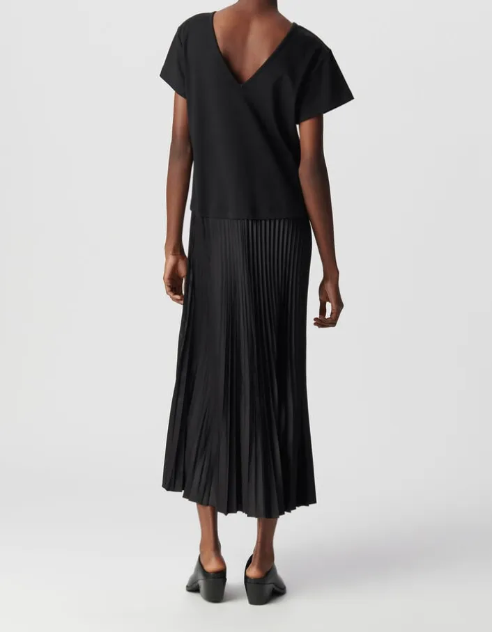 Robe longue noire bi-matière plissée Femme