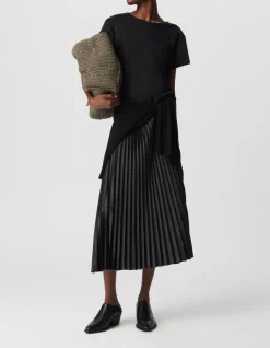 Robe longue noire bi-matière plissée Femme