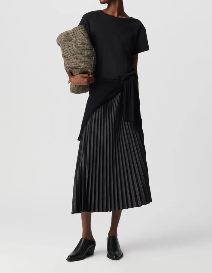 Robe longue noire bi-matière plissée Femme