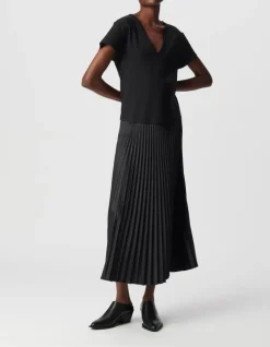 Robe longue noire bi-matière plissée Femme