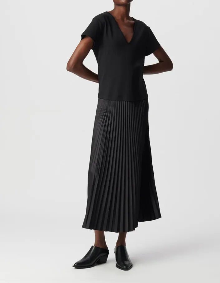 Robe longue noire bi-matière plissée Femme