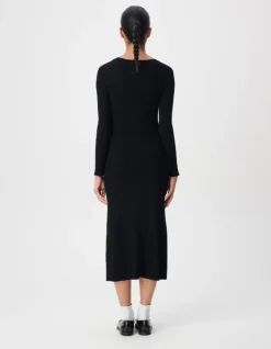 Robe longue noire boutonnée tricot côtes plates Femme