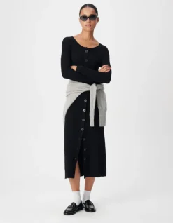 Robe longue noire boutonnée tricot côtes plates Femme