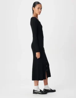Robe longue noire boutonnée tricot côtes plates Femme