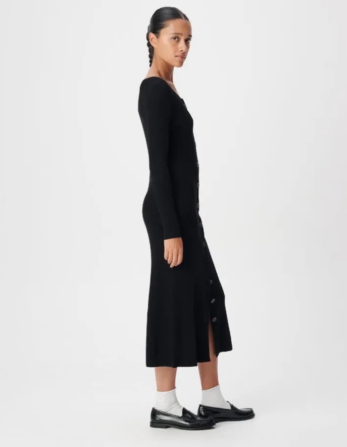 Robe longue noire boutonnée tricot côtes plates Femme