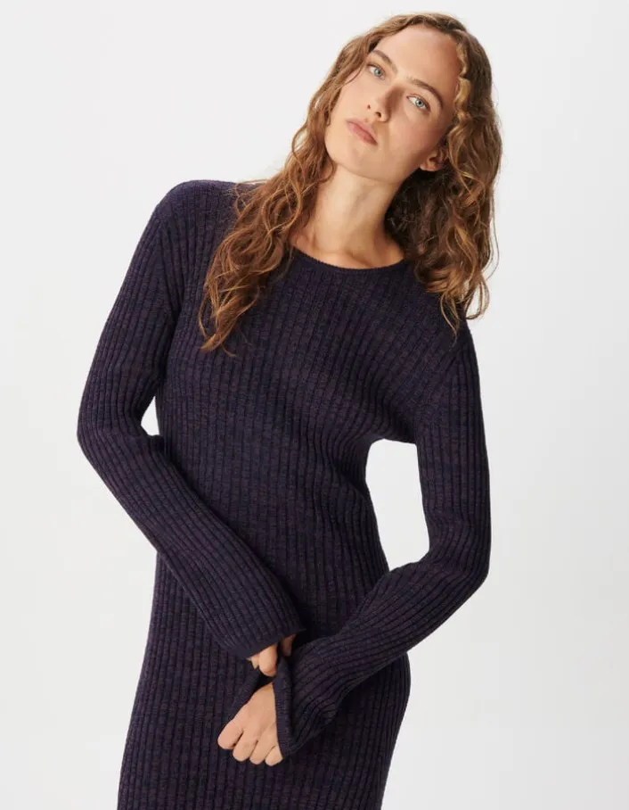 Robe tube longue violet et noir tricot mouliné Femme