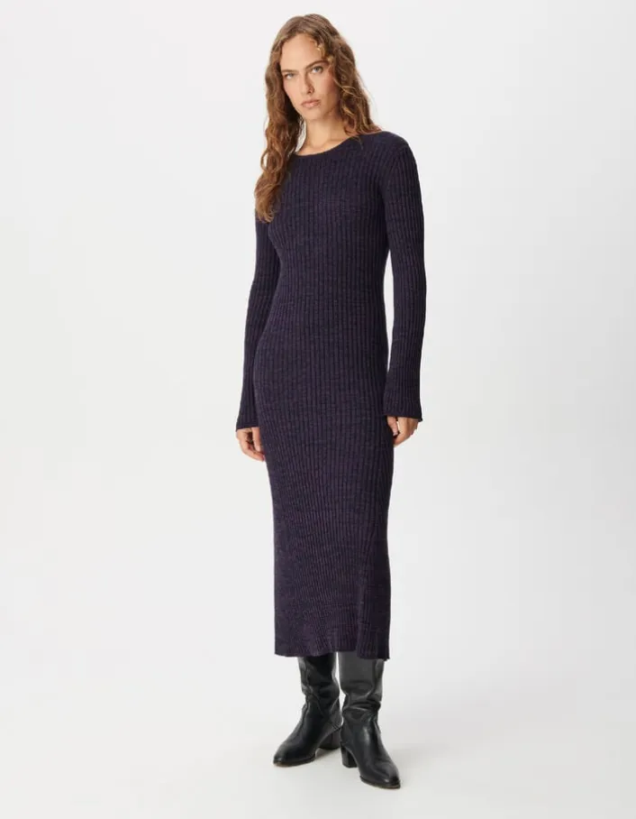 Robe tube longue violet et noir tricot mouliné Femme