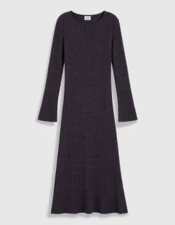 Robe tube longue violet et noir tricot mouliné Femme