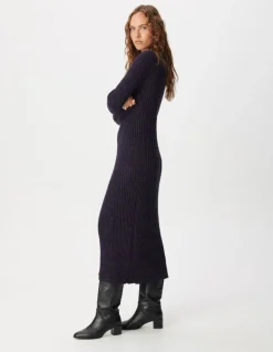 Robe tube longue violet et noir tricot mouliné Femme