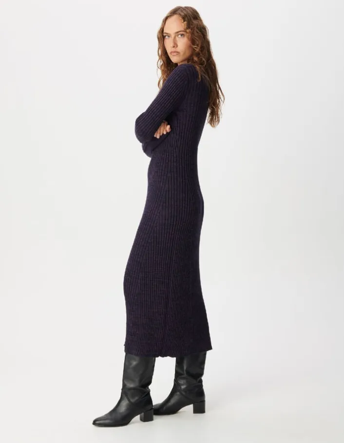 Robe tube longue violet et noir tricot mouliné Femme