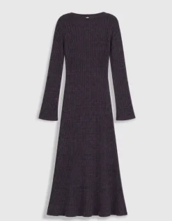 Robe tube longue violet et noir tricot mouliné Femme
