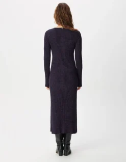 Robe tube longue violet et noir tricot mouliné Femme
