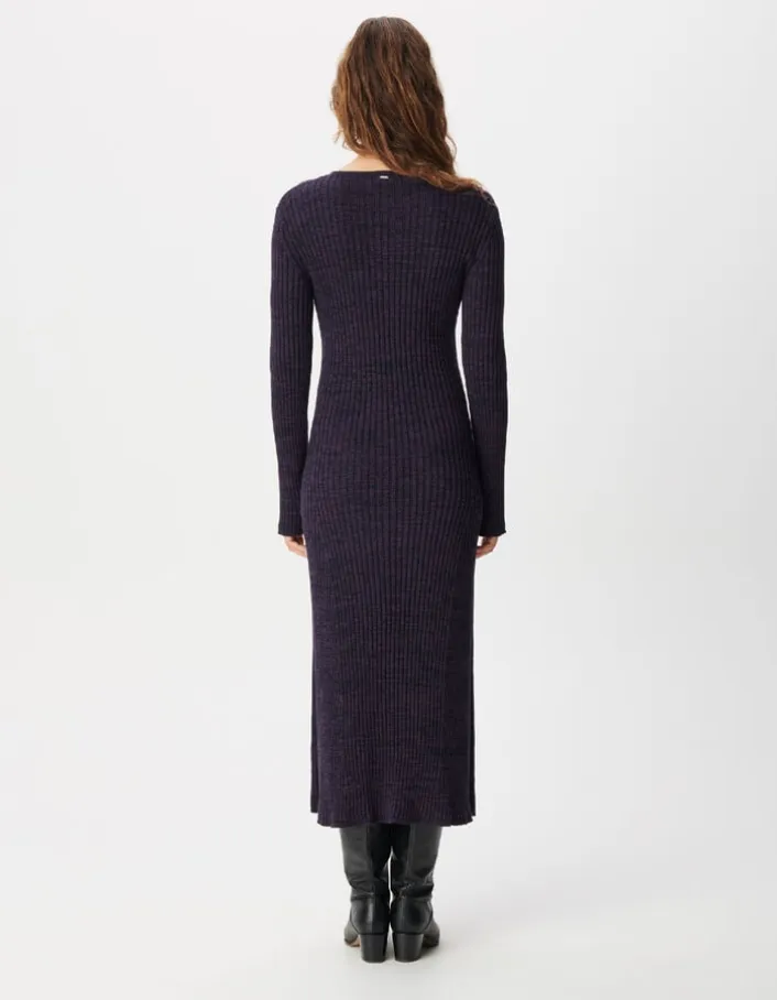 Robe tube longue violet et noir tricot mouliné Femme