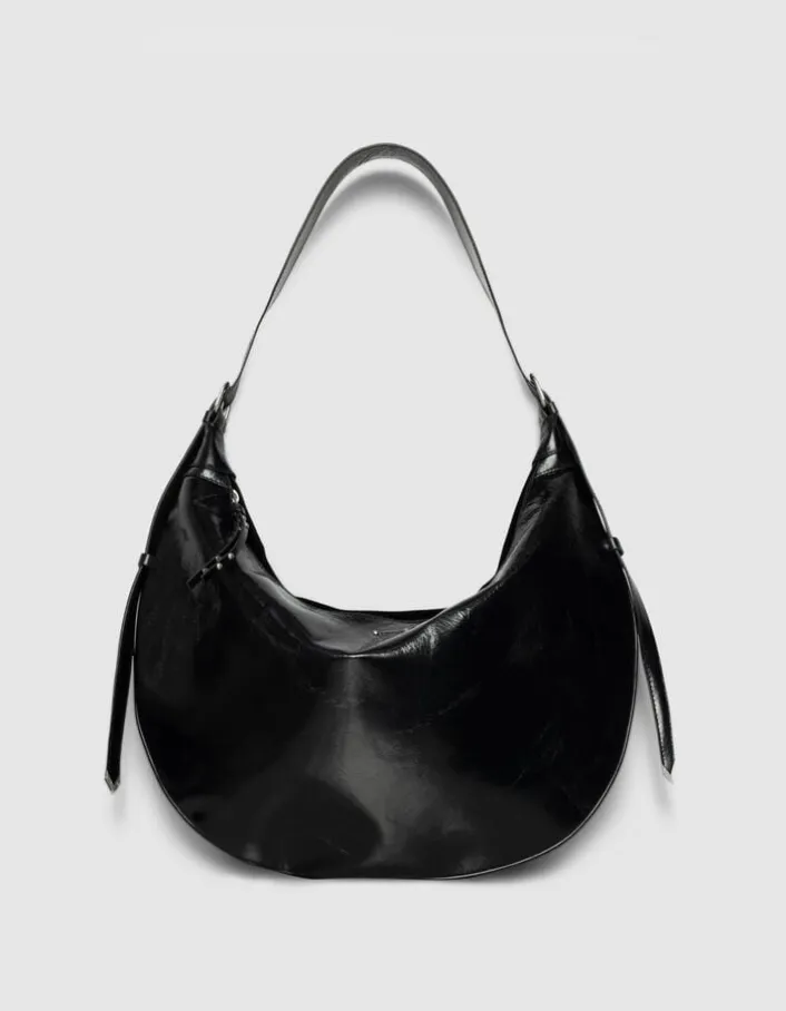 Sac demi-lune noir cuir glacé Allane Femme