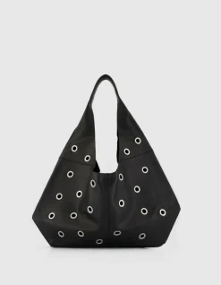 Sac Hobo noir cuir décor maxi oeillets Taille L Femme