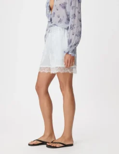 Short fluide bleu ciel satiné bordé dentelle Femme