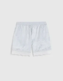 Short fluide bleu ciel satiné bordé dentelle Femme