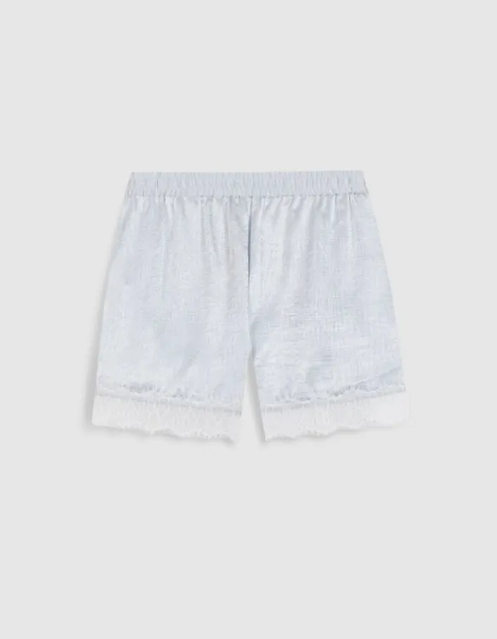 Short fluide bleu ciel satiné bordé dentelle Femme