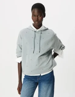 Sweat capuche bleu broderies strass Femme