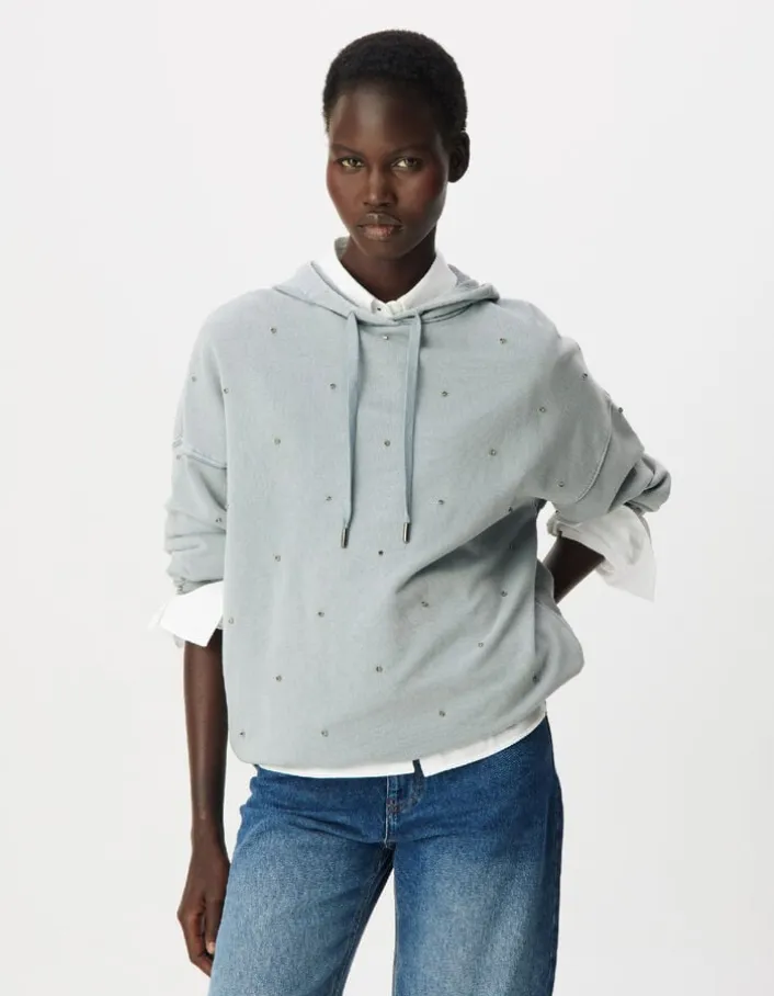 Sweat capuche bleu broderies strass Femme