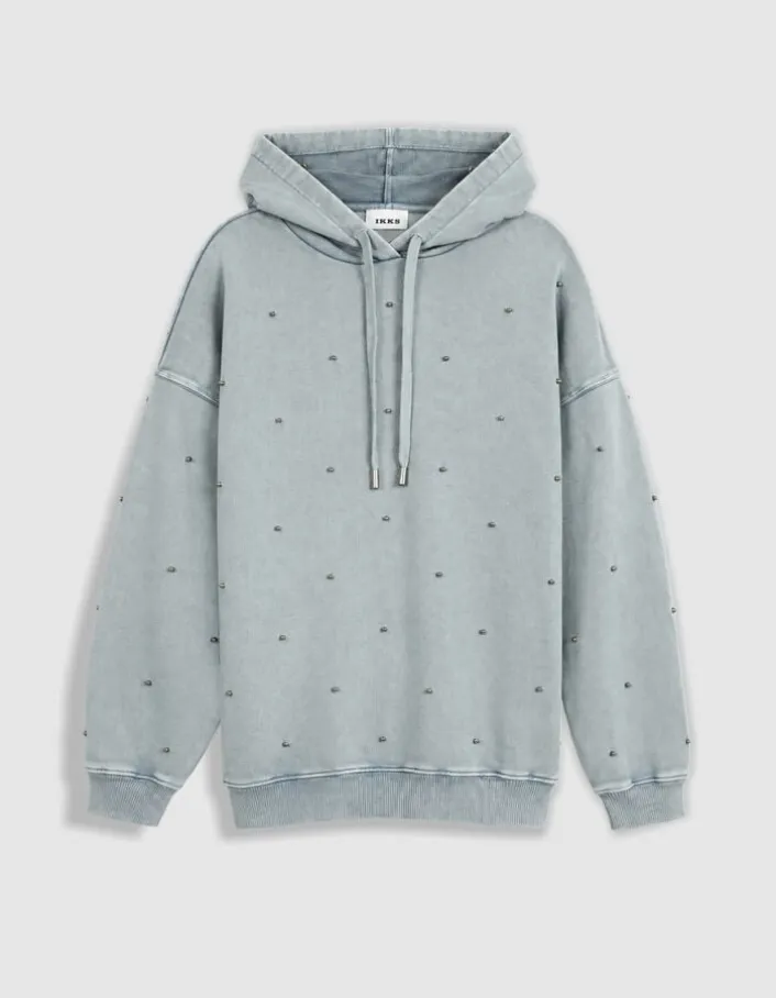 Sweat capuche bleu broderies strass Femme