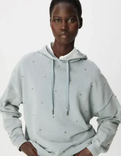 Sweat capuche bleu broderies strass Femme
