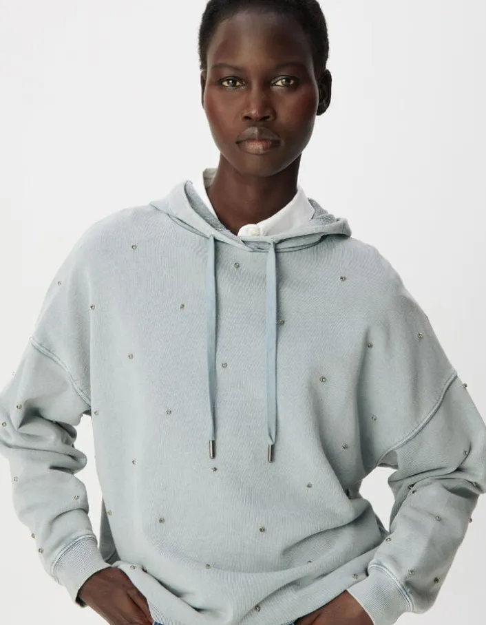 Sweat capuche bleu broderies strass Femme