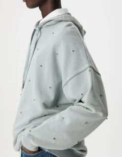 Sweat capuche bleu broderies strass Femme
