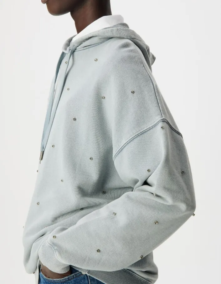 Sweat capuche bleu broderies strass Femme