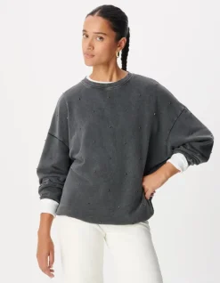 Sweat gris broderies strass Femme