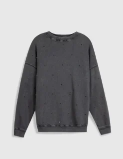 Sweat gris broderies strass Femme