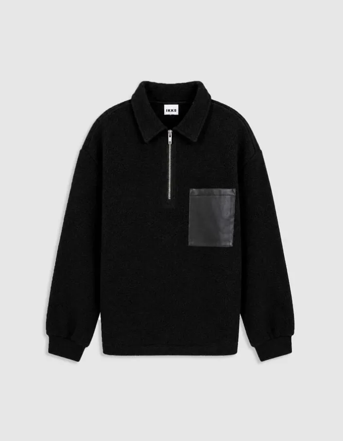 Sweat zippé noir laine bouillie une poche plaquée Homme