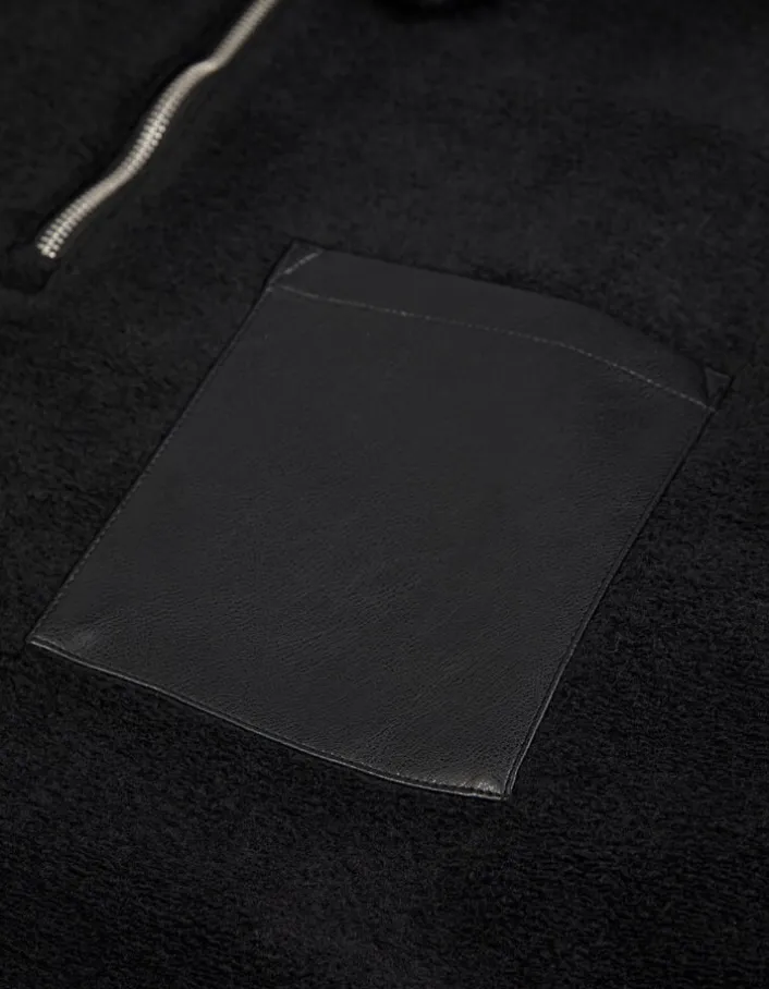 Sweat zippé noir laine bouillie une poche plaquée Homme