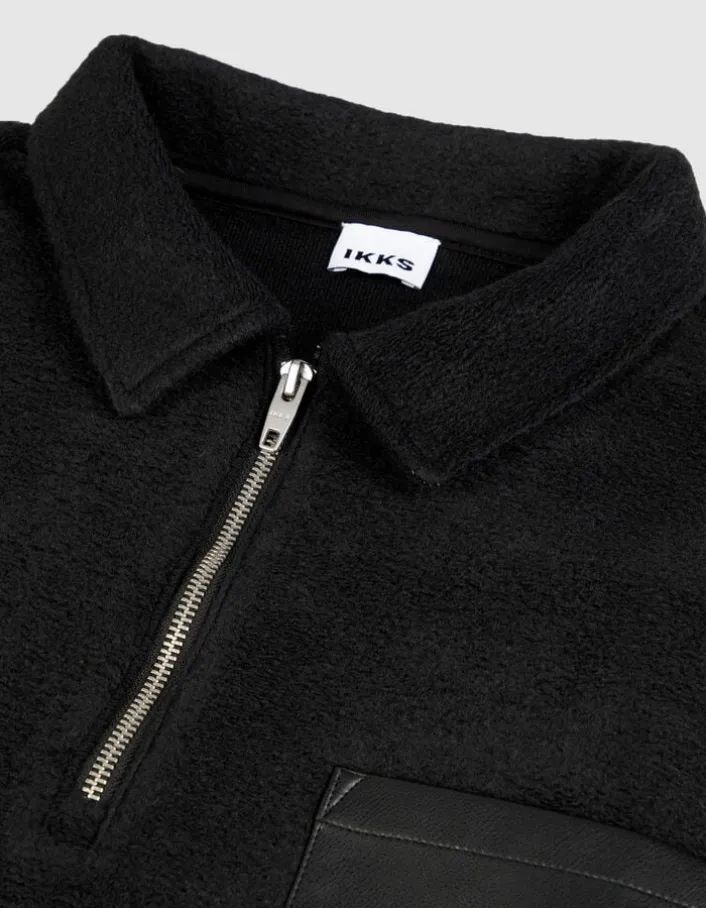 Sweat zippé noir laine bouillie une poche plaquée Homme
