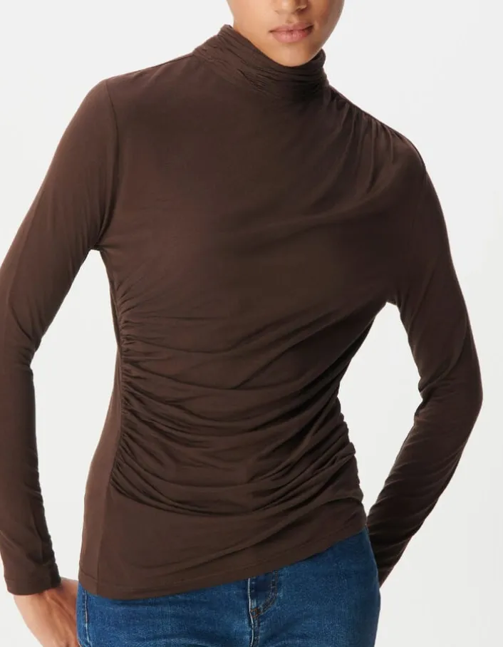 Tee-shirt col montant marron effets drapés Femme