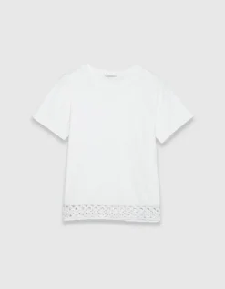 Tee-shirt col rond blanc détail crochet et sequins Femme