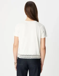 Tee-shirt col rond blanc détail crochet et sequins Femme