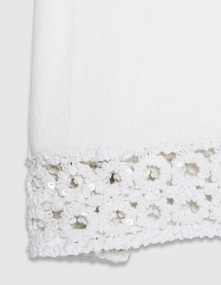 Tee-shirt col rond blanc détail crochet et sequins Femme