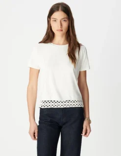 Tee-shirt col rond blanc détail crochet et sequins Femme