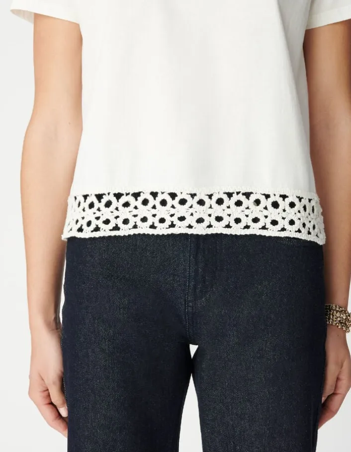 Tee-shirt col rond blanc détail crochet et sequins Femme